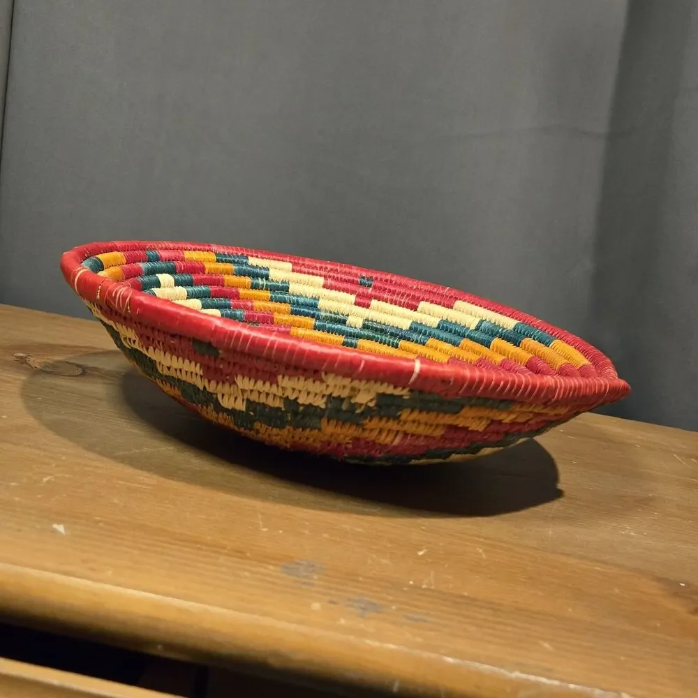 Colorful Swirl Natural Fiber Woven Straw Basket, Uganda 11.5
